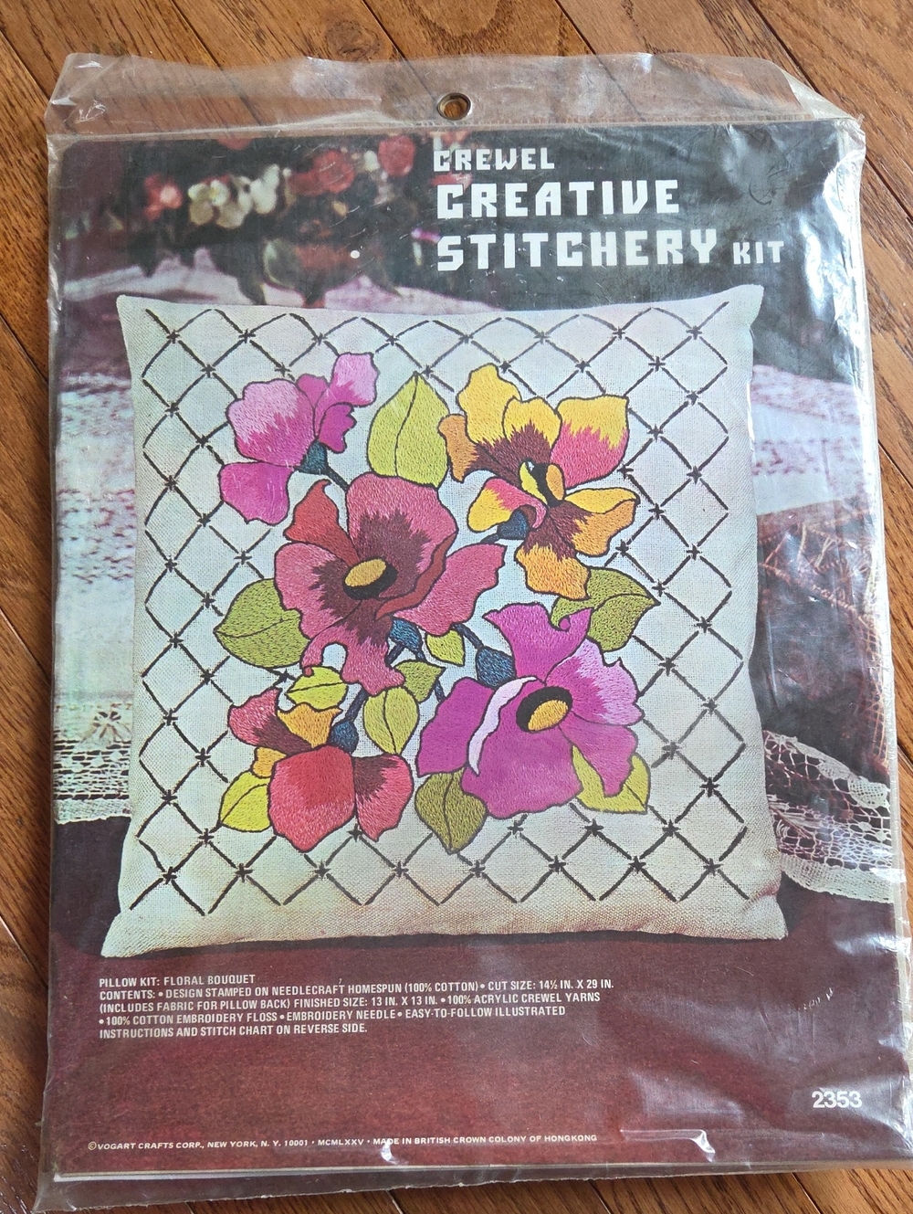 Vintage NOS Vogart Crewel Pillow Kit Floral Bouquet 2353 Retro Needlework